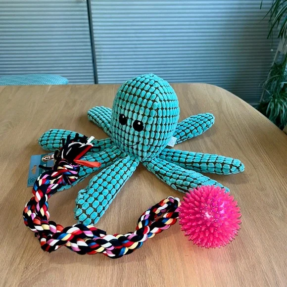 NEW bundle of 3 dog toys: octopus, rope tug, squishy nubby ball - Picture 2 of 9
